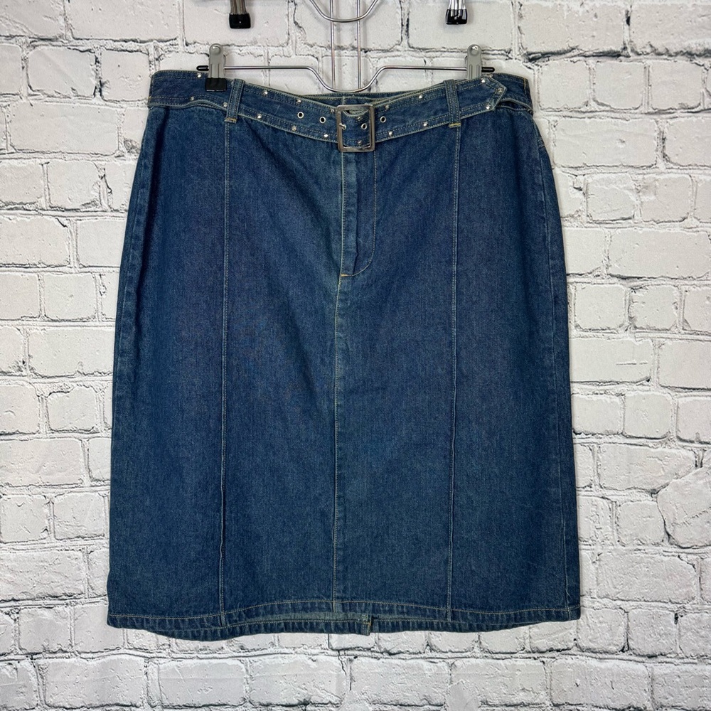 Faded Glory Vintage Y2K Blue Denim Midi Skirt Studded Belt 100% Cotton Size 14